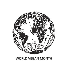 A black and white illustration depicts the Earth surrounded by vegetables, promoting World Vegan Month.