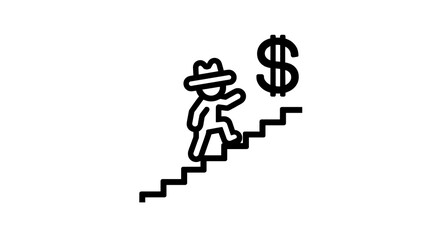 A man in a hat is climbing a set of stairs with a dollar bill in his hand