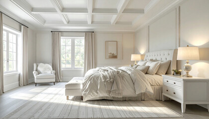 white bedroom, white walls, interior design, comfortable bed, bedding, windows, elegant, lovely, ceiling, pillows, nightstands, pottery barn, style, traditional decor, contemporary