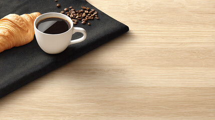 A coffee cup and a croissant are on a table