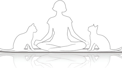 A woman is sitting on a mat with two cats on either side of her