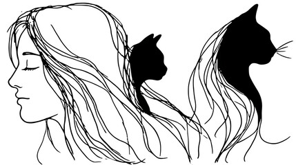 A woman with long hair and a cat on her head