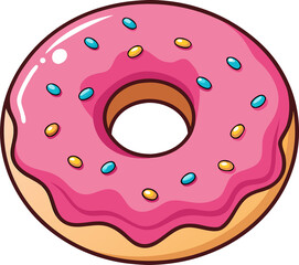 a flat-style vector icon of a pink-glazed donut with sprinkles, cute and colorful, no background.