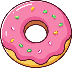 a flat-style vector icon of a pink-glazed donut with sprinkles, cute and colorful, no background.