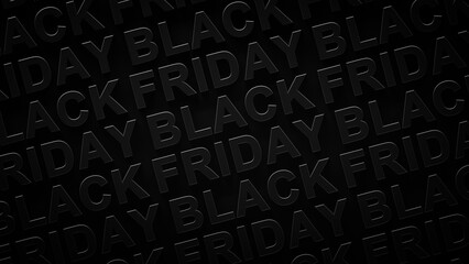 Repeating pattern of Black Friday text with dark shadows on black background. 3d render graphic of Black Friday text. Dark shadowy Black Friday sales, announcement, or advertisement for Black Friday.