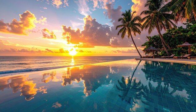 Serene Tropical Beach Infinity Pool Reflects Golden Hour Sunset Sky with Palm Trees and Calm Ocean Water
