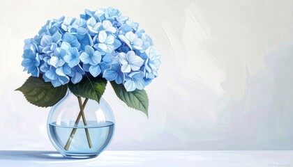 white, blue hydrangeas, painting, watercolor, still life, green, leaves, leaf, ambient, wall art, glass vase, flower arrangement 