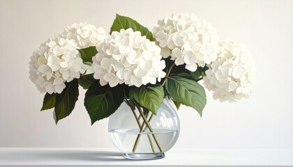 white hydrangeas, vast, painting, watercolor, still life, green, leaves, leaf, ambient, wall art