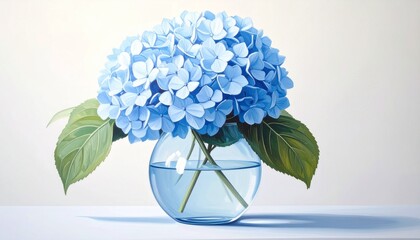 white, blue hydrangeas, painting, watercolor, still life, green, leaves, leaf, ambient, wall art, glass vase, flower arrangement 