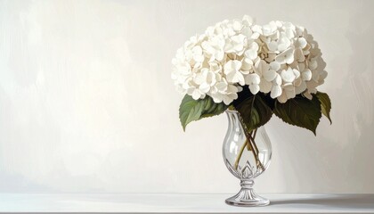 white hydrangeas, vast, painting, watercolor, still life, green, leaves, leaf, ambient, wall art