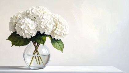 white hydrangeas, vast, painting, watercolor, still life, green, leaves, leaf, ambient, wall art