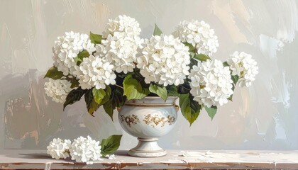 white hydrangeas, vast, painting, watercolor, still life, green, leaves, leaf, ambient, wall art