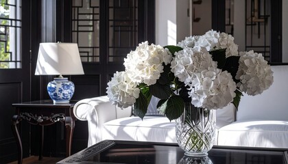 white hydrangeas, ambient, glass vase, flower arrangement, interior design, traditional decor, window, elegant, lamp, light, black walls, house, home, interiors, lighting