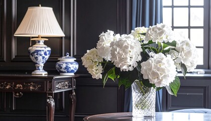 white hydrangeas, ambient, glass vase, flower arrangement, interior design, traditional decor, window, elegant, lamp, light, black walls, house, home, interiors, lighting