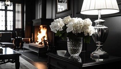 white hydrangeas, ambient, glass vase, flower arrangement, interior design, traditional decor, window, elegant, lamp, light, black walls, house, home, interiors, lighting