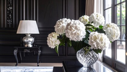 white hydrangeas, ambient, glass vase, flower arrangement, interior design, traditional decor, window, elegant, lamp, light, black walls, house, home, interiors, lighting