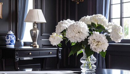white hydrangeas, ambient, glass vase, flower arrangement, interior design, traditional decor, window, elegant, lamp, light, black walls, house, home, interiors, lighting