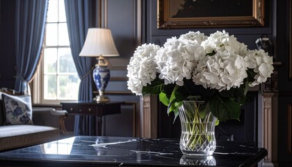 white hydrangeas, ambient, glass vase, flower arrangement, interior design, traditional decor, window, elegant, lamp, light, black walls, house, home, interiors, lighting