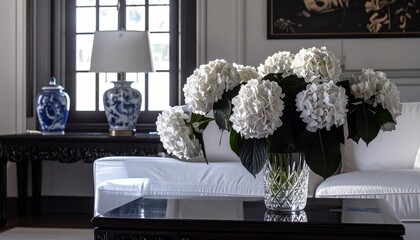 white hydrangeas, ambient, glass vase, flower arrangement, interior design, traditional decor, window, elegant, lamp, light, black walls, house, home, interiors, lighting