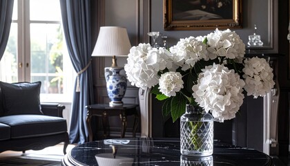 white hydrangeas, ambient, glass vase, flower arrangement, interior design, traditional decor, window, elegant, lamp, light, black walls, house, home, interiors, lighting