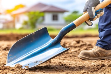 Person Shoveling Soil in Garden with Blue Metal Shovel Outdoors