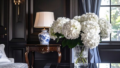 white hydrangeas, ambient, glass vase, flower arrangement, interior design, traditional decor, window, elegant, lamp, light, black walls, house, home, interiors, lighting