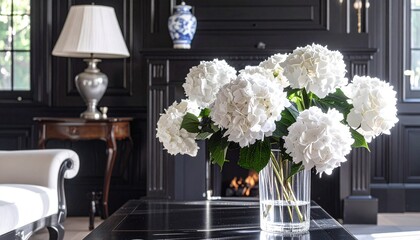 white hydrangeas, ambient, glass vase, flower arrangement, interior design, traditional decor, window, elegant, lamp, light, black walls, house, home, interiors, lighting