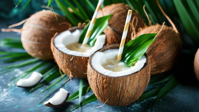 Fresh coconut drinks in shells with straws and leaves