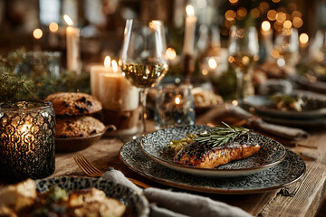 Fototapeta premium winter holidays, dinner party and celebration concept - close up of scandinavian christmas table serving with burning candles at home at night