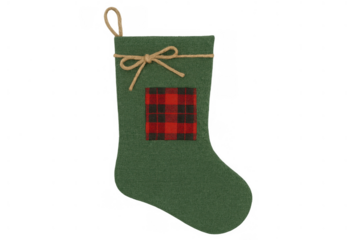 Green felt christmas stocking with plaid patch and rope tie, celebrating rustic holiday traditions and seasonal gifting