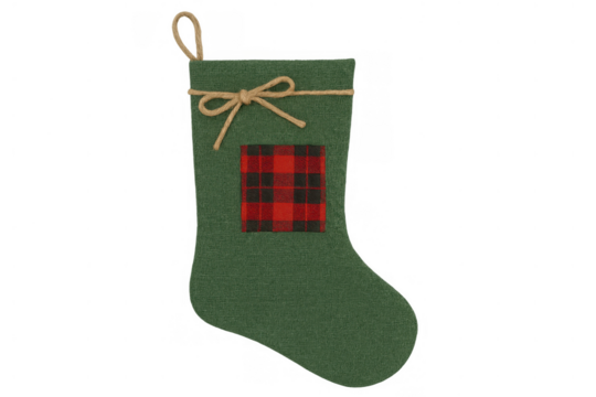 Green felt christmas stocking with plaid patch and rope tie, celebrating rustic holiday traditions and seasonal gifting
