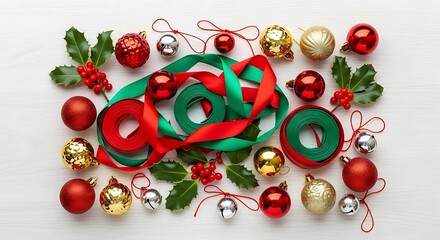 Festive christmas arrangement featuring ornaments ribbons and holly on a white background top view