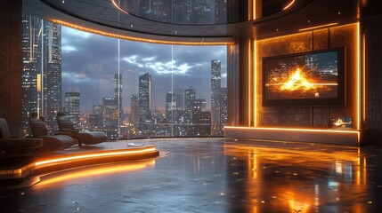 Futuristic Luxury Lounge with Cityscape View