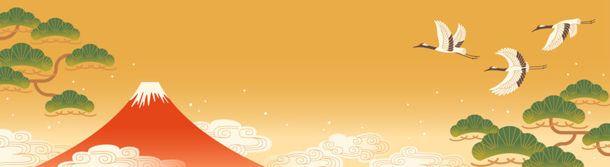 富士山と鶴の背景　和風お正月素材