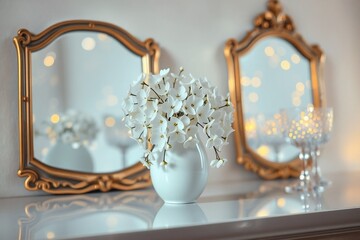 Elegant white blossoms in a ceramic vase sit on a reflective surface beside crystal glasses, with warm bokeh lights glowing softly behind an ornate gold mirror  creating a serene and luxurious still l