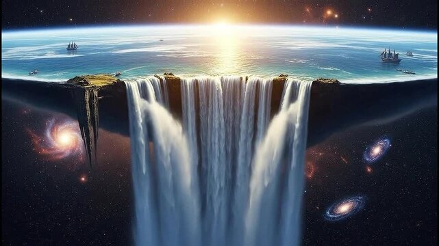 Captivating artwork depicts a flat Earth with grand waterfalls cascading into the cosmic abyss, revealing galaxies and stars below a luminous horizon