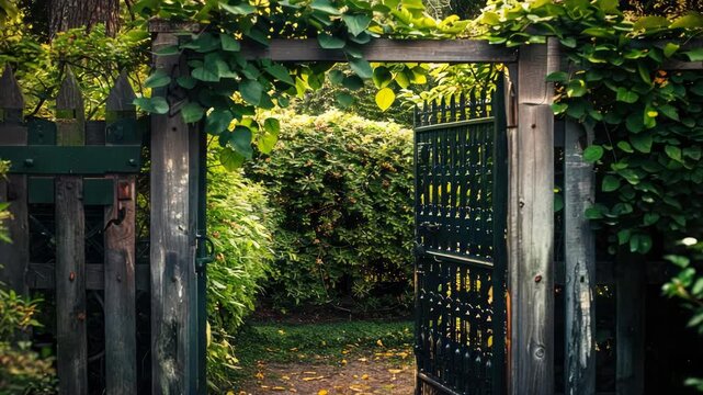 Lush garden gate framed by vibrant green foliage under dappled sunlight