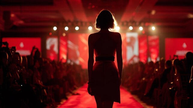 Model walks down red runway during fashion show at evening event with vibrant lighting and eager audience