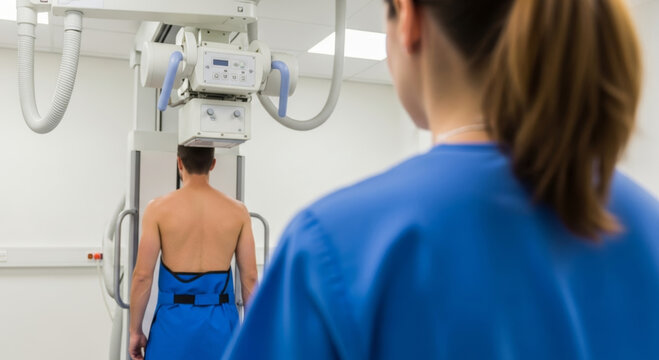 Chest lung x ray doctor cancer check screening patient technician radiology room hospital diagnostic procedure medical imaging gown protective apron standing back view