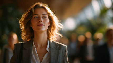 Fototapeta premium Confident Commute: A poised woman, radiating competence and self-assurance, navigates a bustling thoroughfare, her focused gaze conveying a sense of purpose and direction. 
