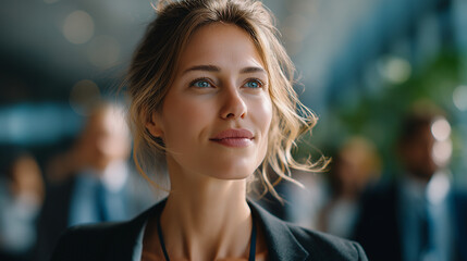 Fototapeta premium Businesswoman's Vision: A confident and poised businesswoman looks towards the future with a hopeful expression, embodying leadership, success.