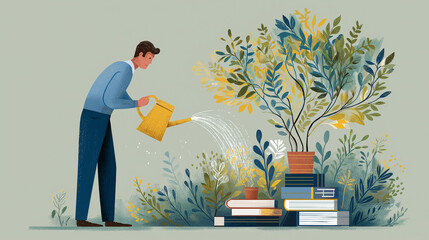Nurturing Knowledge: An individual cultivates a growing tree, symbolizing learning and growth, with a watering can, surrounded by books that represent knowledge.