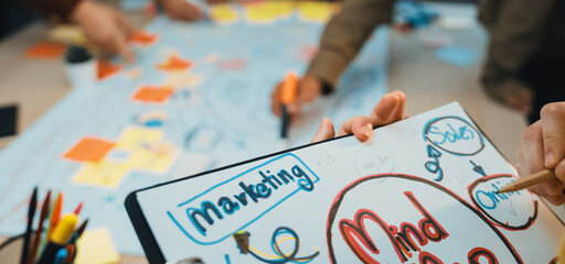 A vibrant brainstorming session where team members create a detailed mind map focused on marketing...