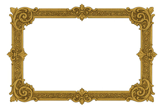 Gold ornate decorative frame with vintage rococo style, antique border design, transparent background