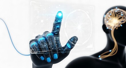 Artificial intelligence hand connecting with human cognition, digital brain interface technology of the future