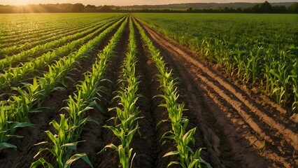 Sunset Over Young Cornfield with Fertile Soil and Straight Crop Rows