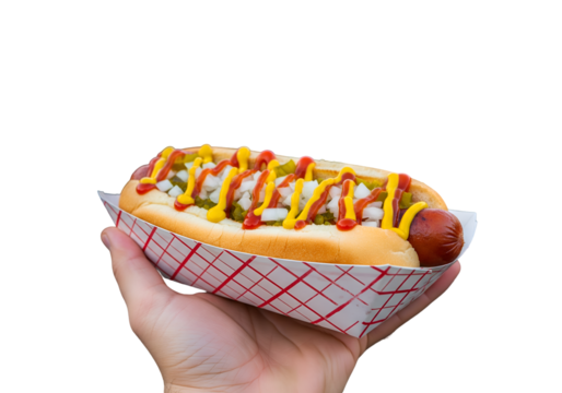 close up of a hand holding a hot dog with various toppings in paper tray, on transparent background