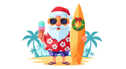 Santa Claus on a summer beach vacation, holding ice cream and leaning on a surfboard with a Christmas wreath, a cheerful fusion of winter holidays and tropical relaxation