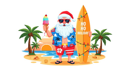 Cheerful Santa Claus enjoying a tropical Christmas in summer holiday, standing on a sandy beach with a surfboard and ice cream