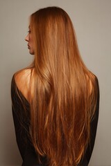 Naklejka premium Long, flowing hair of a woman showcased from the back against a neutral background in a soft, natural light setting
